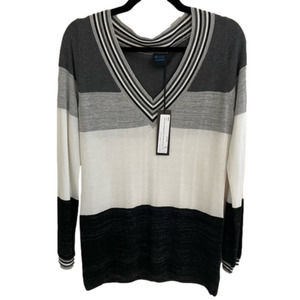Blu9, Colour Block Vneck Varsity Knit Sweater with Silver Metallic Thr…